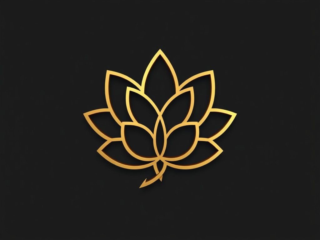 Abstract minimalist logo representing a lotus flower combined with a speech bubble, clean lines, metallic gold finish on dark background, 3D render, 8k